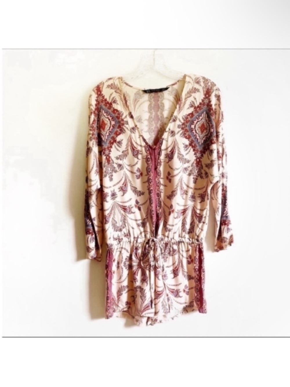 Zara romper blush pink paisley boho v neck tie waist shorts